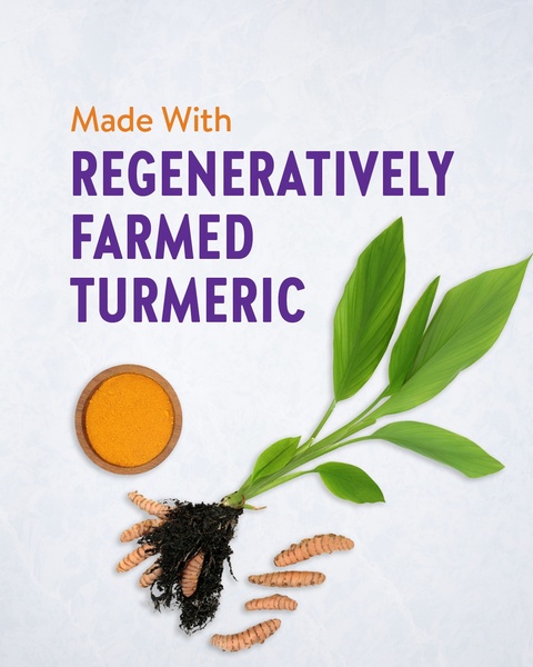 This ad uses a clean, educational aesthetic to highlight the source and quality of the turmeric ingredient through a minimalist product-focused display.